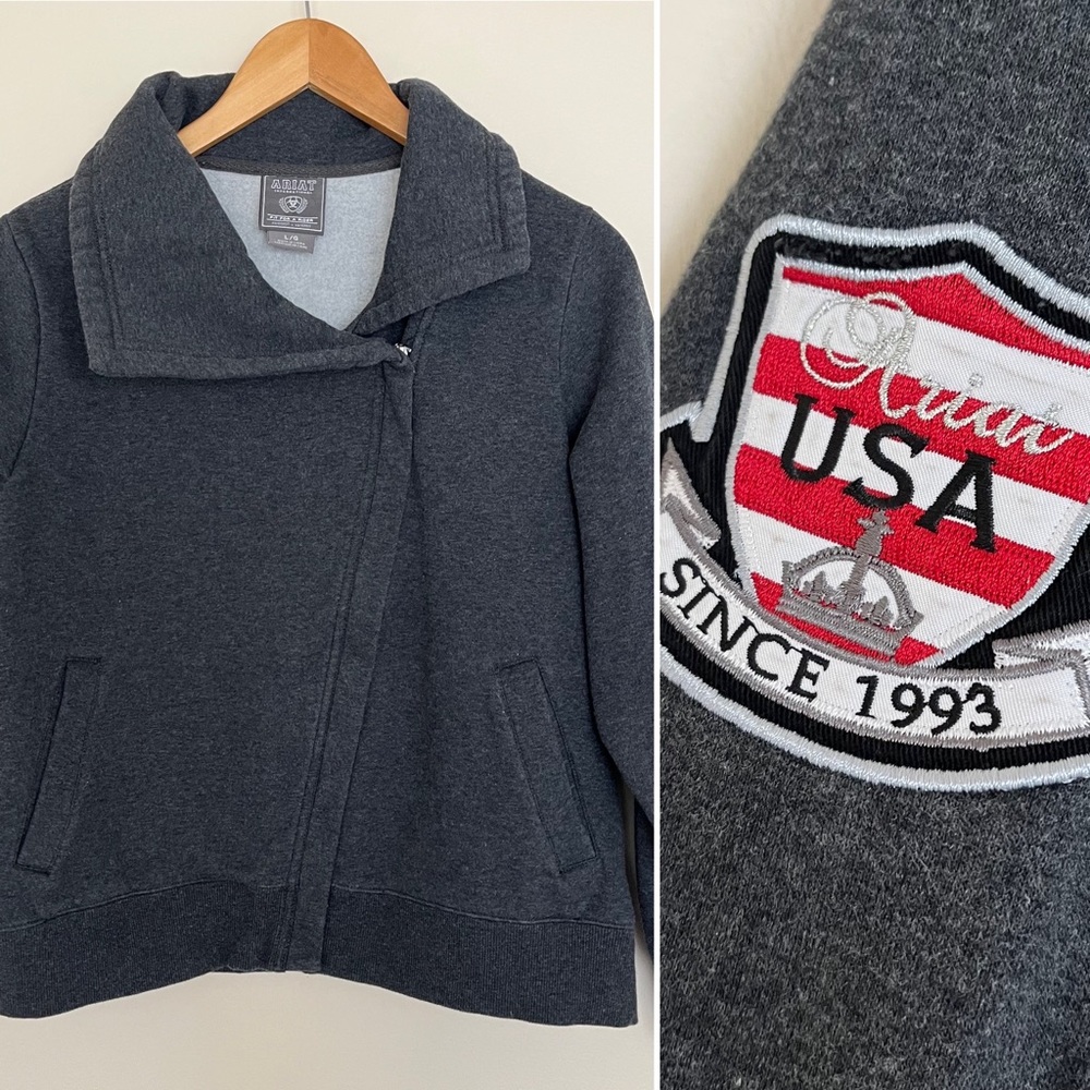 Ariat women’s fleece jacket sweater logo patch grey size large asymmetrical zip